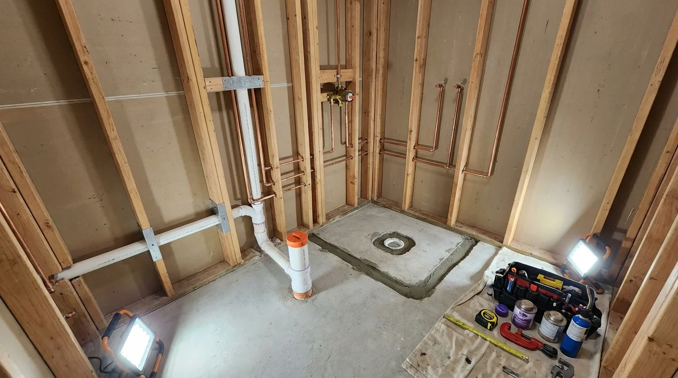 Bathroom rough-in plumbing during remodel by Johns Plumbing LLC in Telford