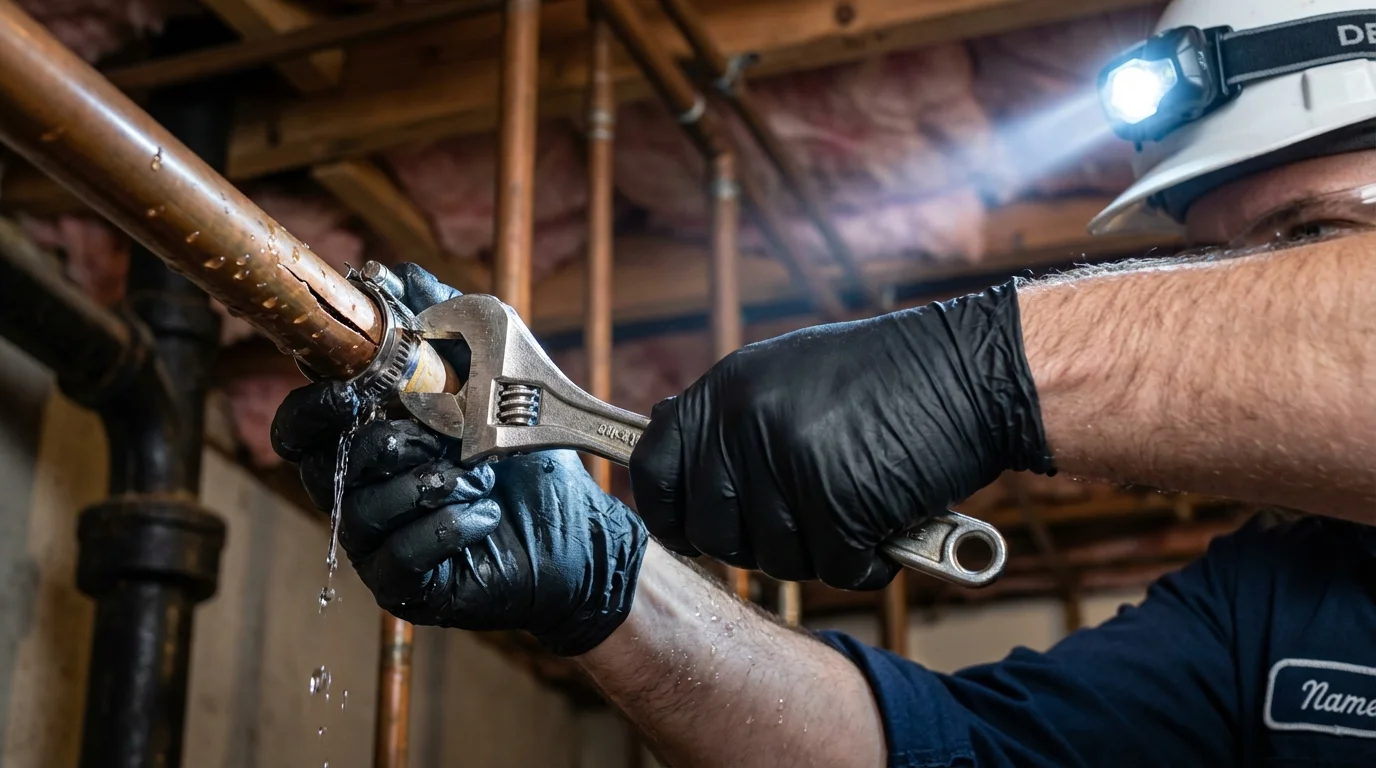 Emergency pipe clamp repair being performed by a Johns Plumbing LLC plumber in Telford