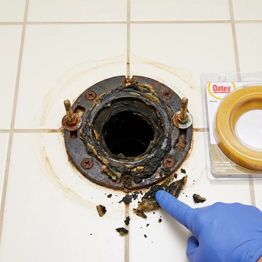 Failed wax ring showing water seepage at the base of a toilet in a Telford, PA home