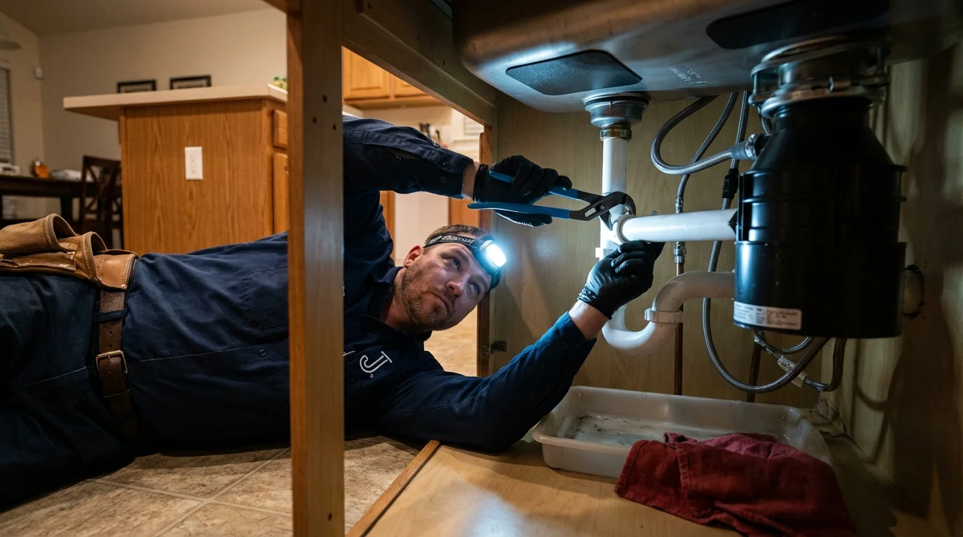 P-trap and supply line connections under a kitchen sink showing a common leak point in Telford, PA